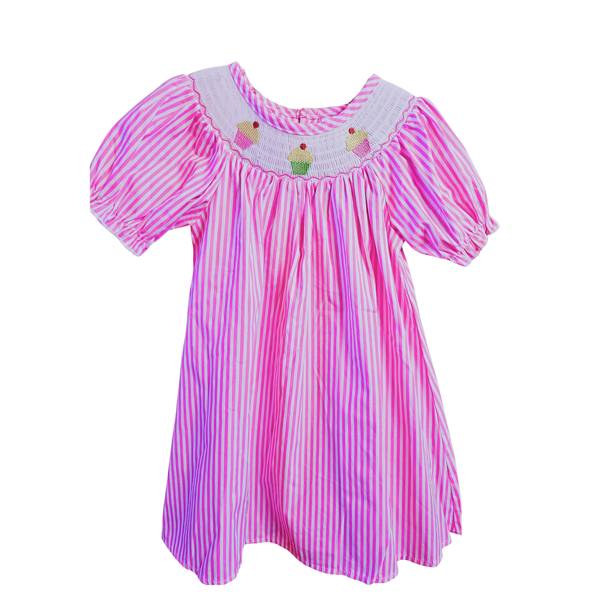 Pink and white striped dress with cupcake designs on a white background