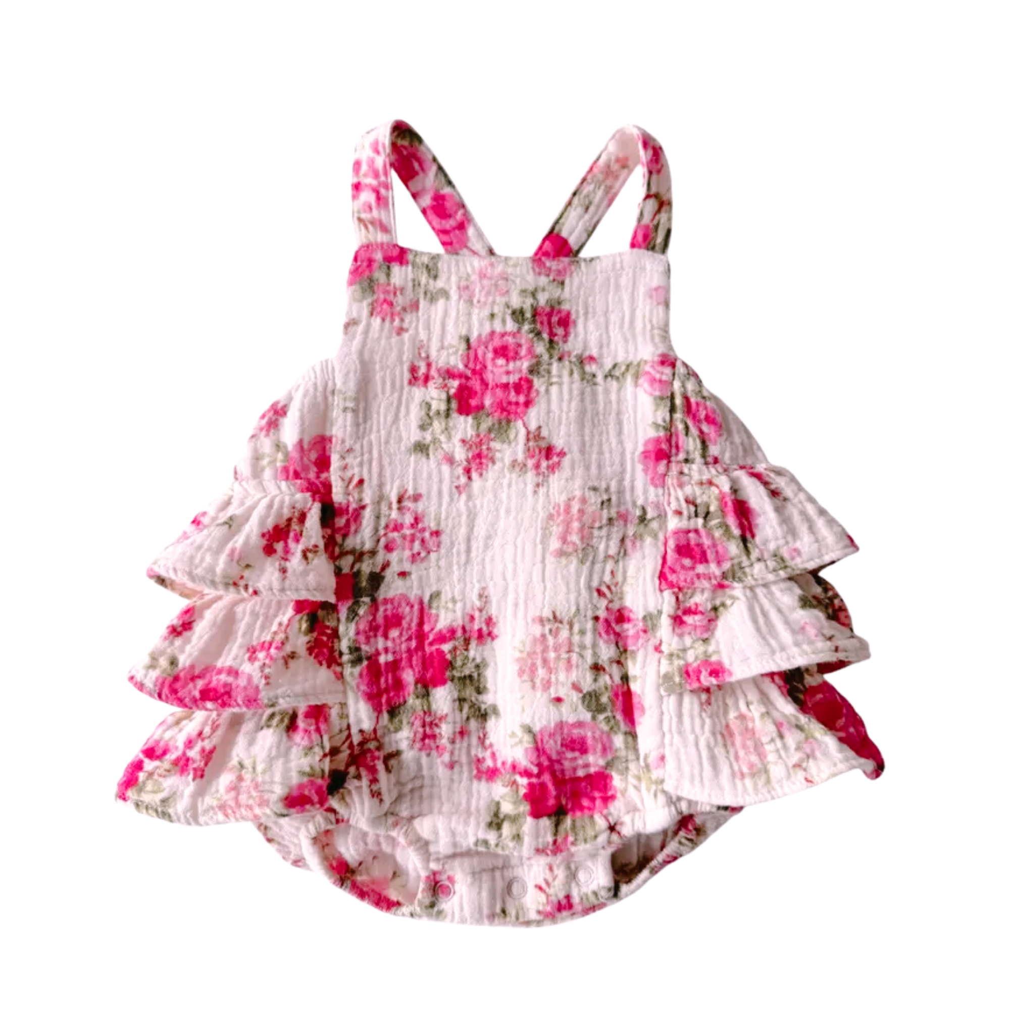 Floral baby romper with ruffled layers on a white background
