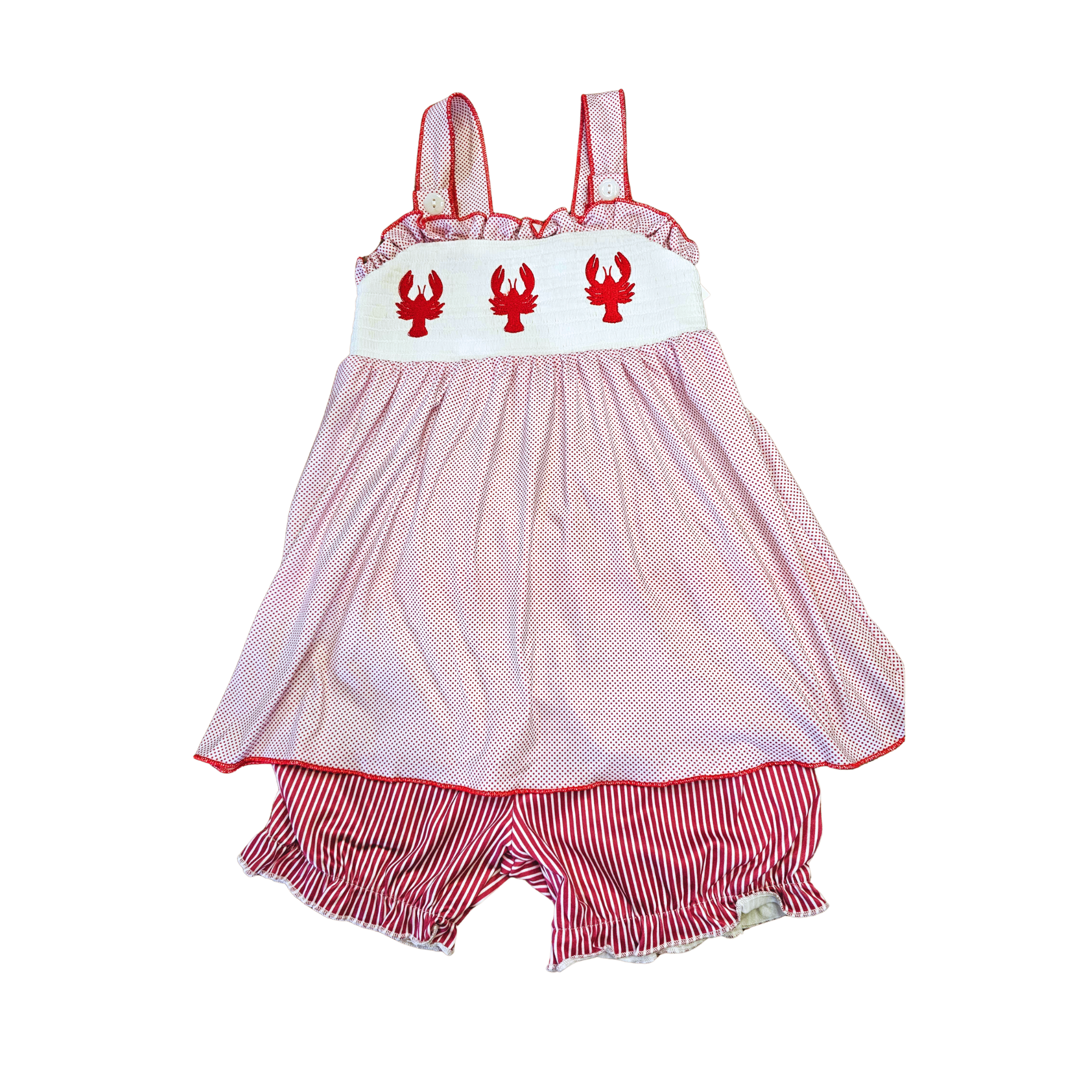 Red and white striped baby dress with lobster design on a white background