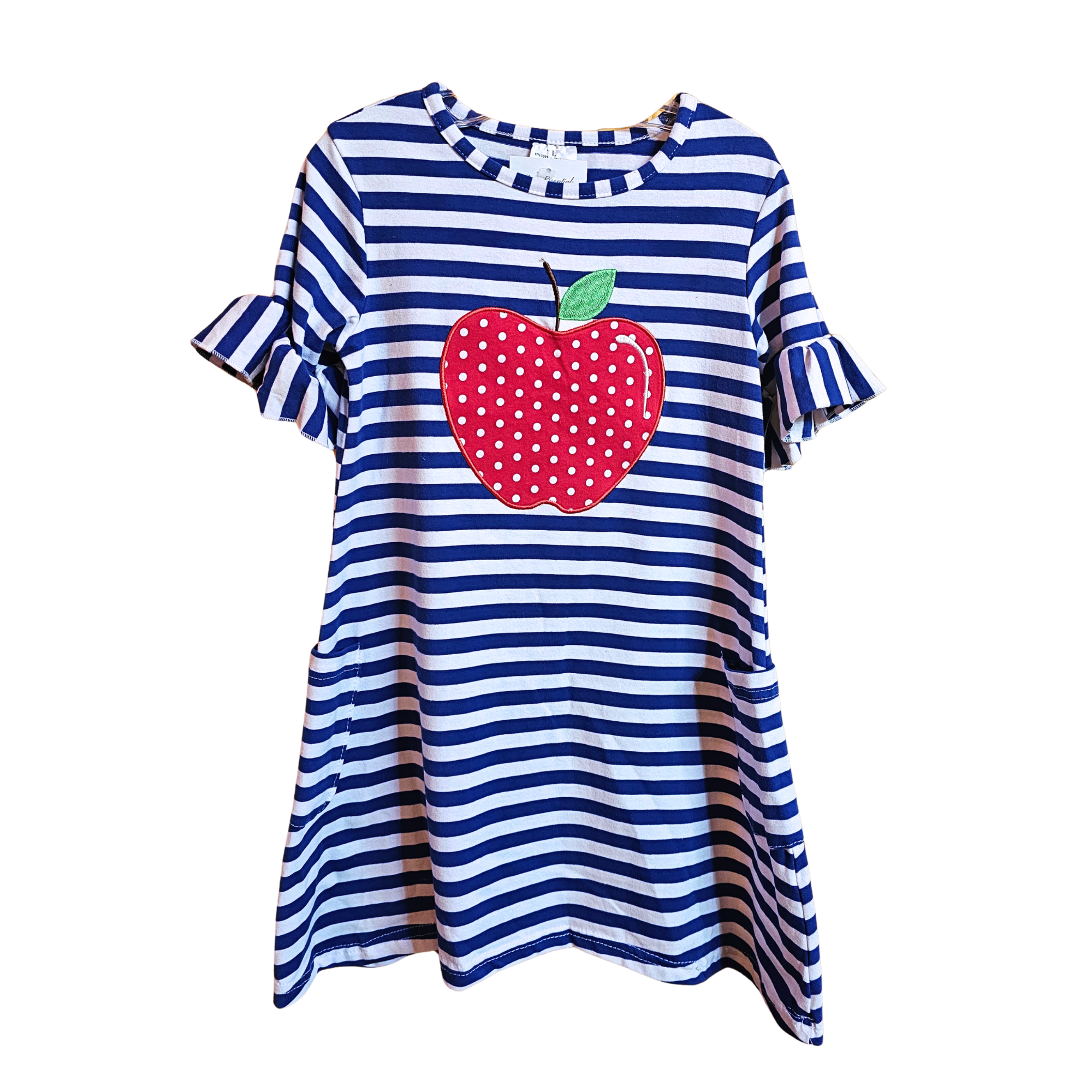 Blue and white striped dress with a red apple design on a white background