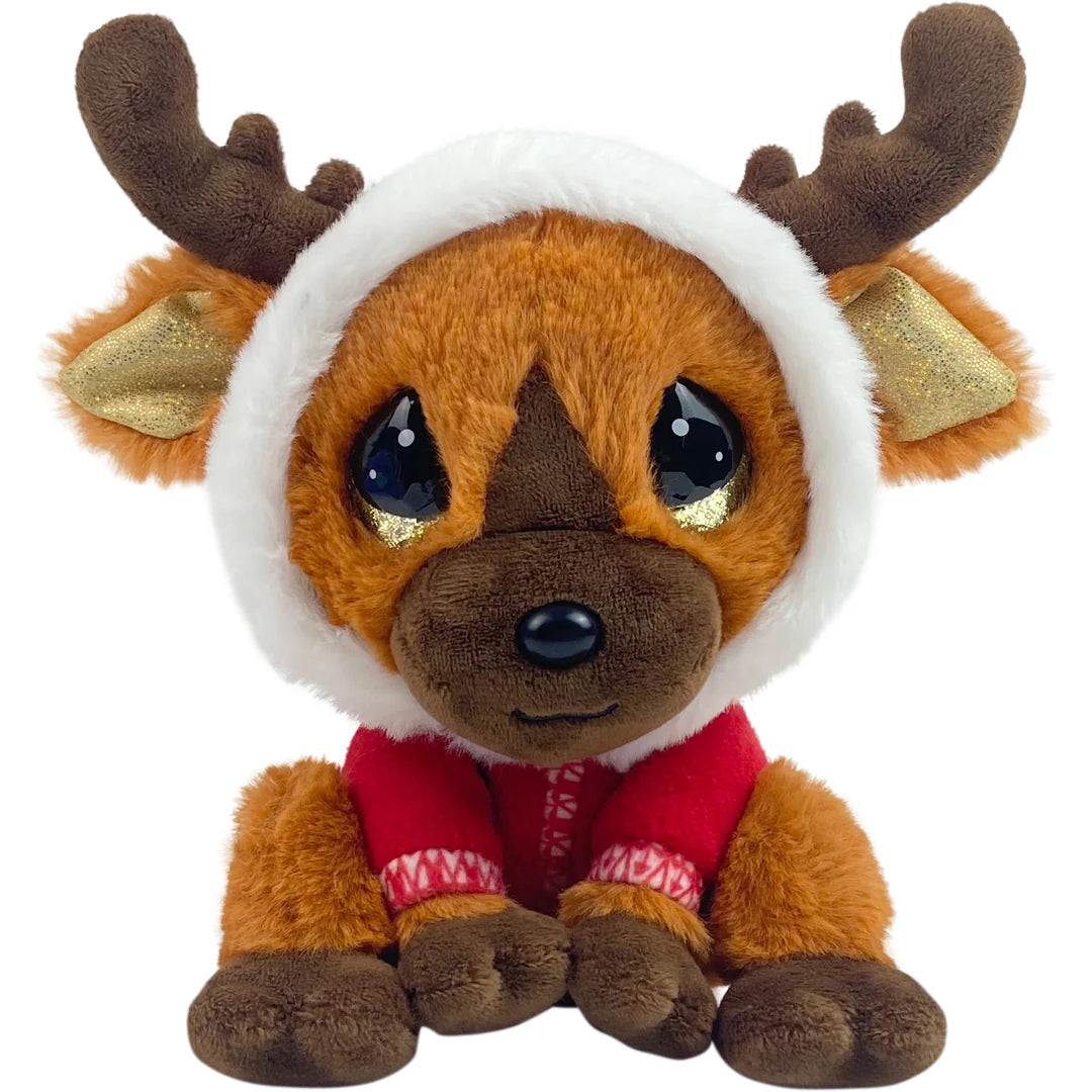 Plush reindeer toy with a red sweater on a white background