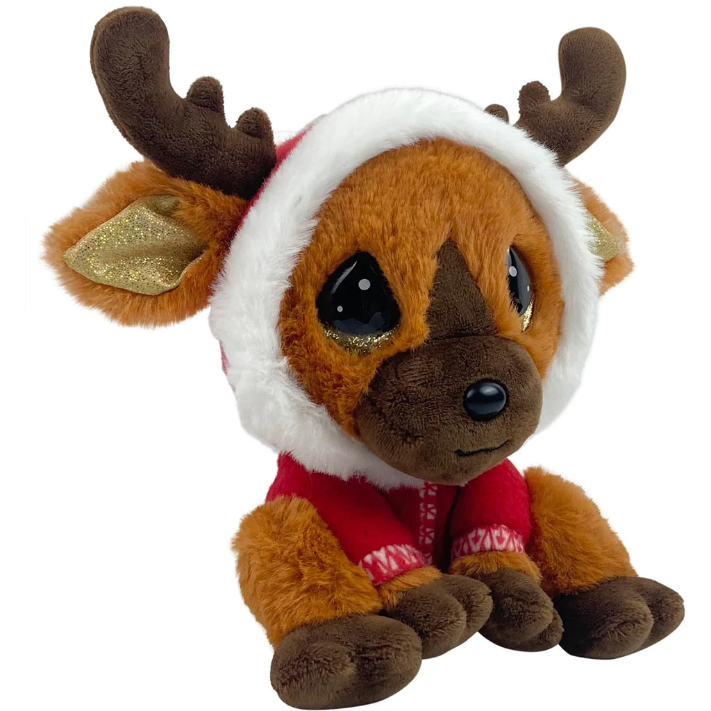 Plush reindeer toy wearing a Santa hat and red sweater on a white background