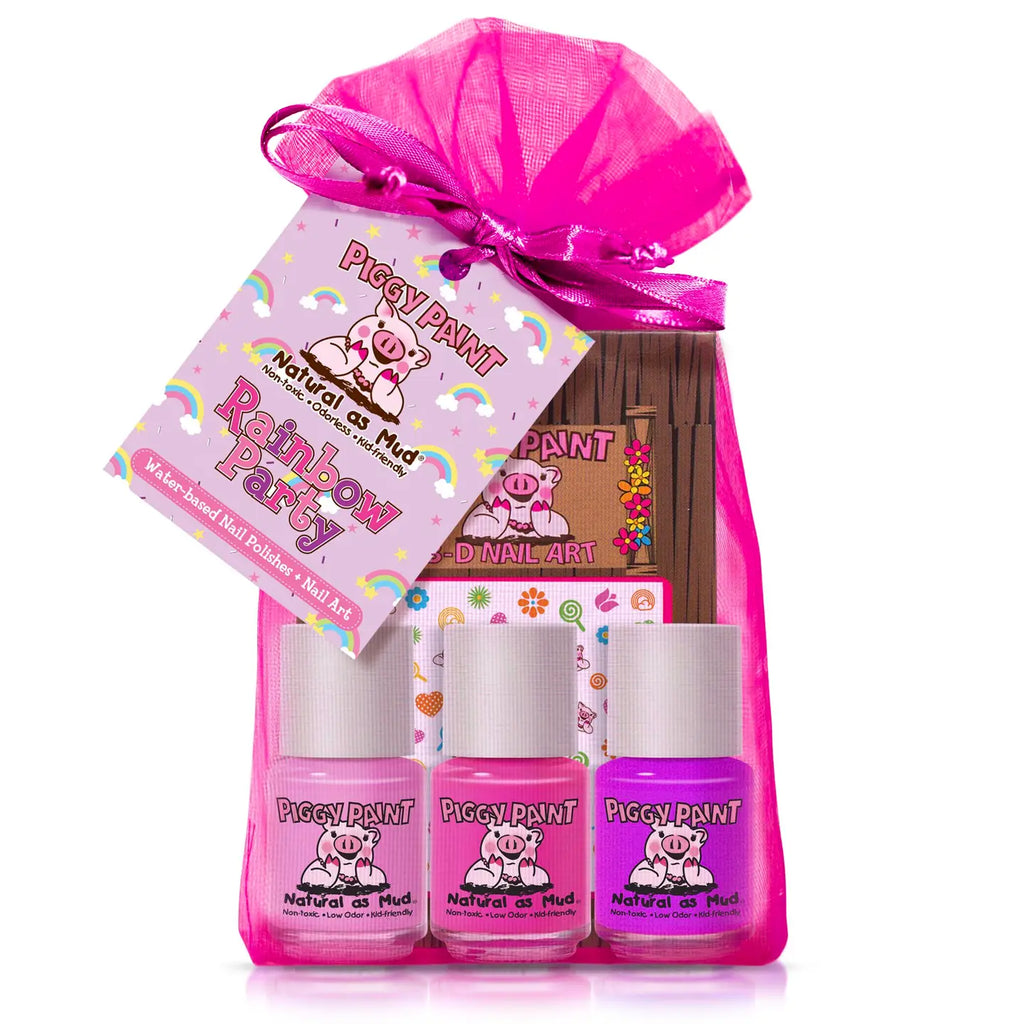 Piggy Paint nail polish set with a pink bow on a white background
