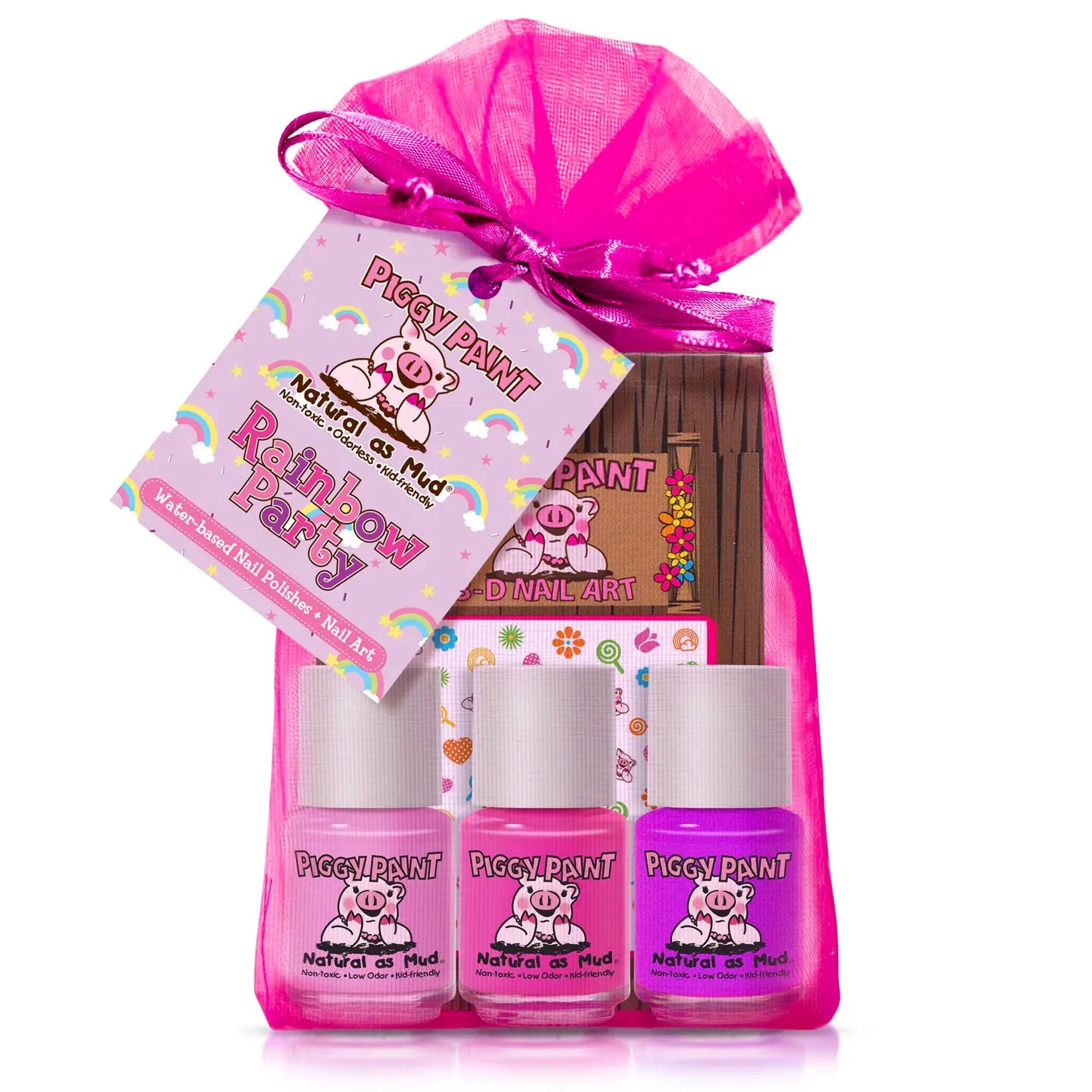 Piggy Paint nail polish set with a pink bow on a white background