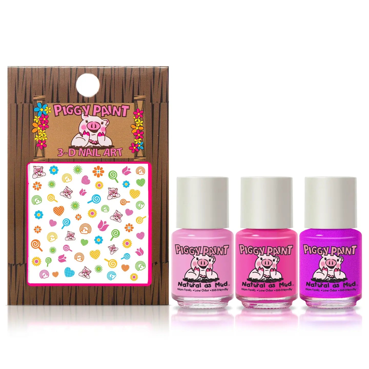 Piggy Paint nail art set with three bottles and a wooden stand with stickers on a white background