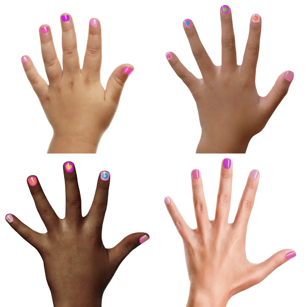 Four hands with colorful nail polish on a white background