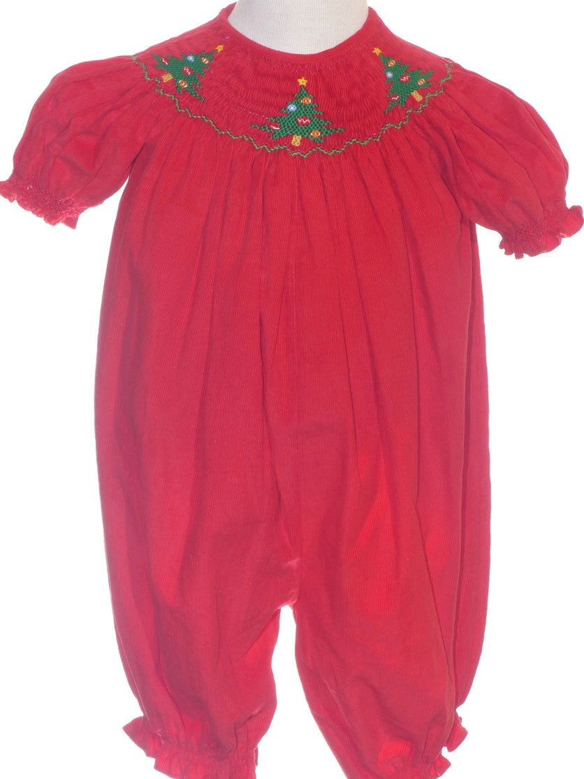 Red Corduroy Christmas Tree Smocked Romper