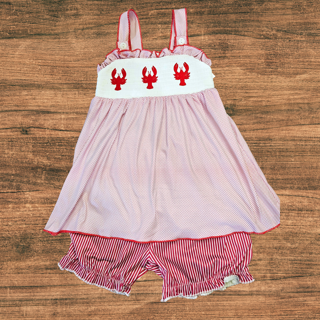 Red and white checkered baby romper with lobster design on a wooden surface