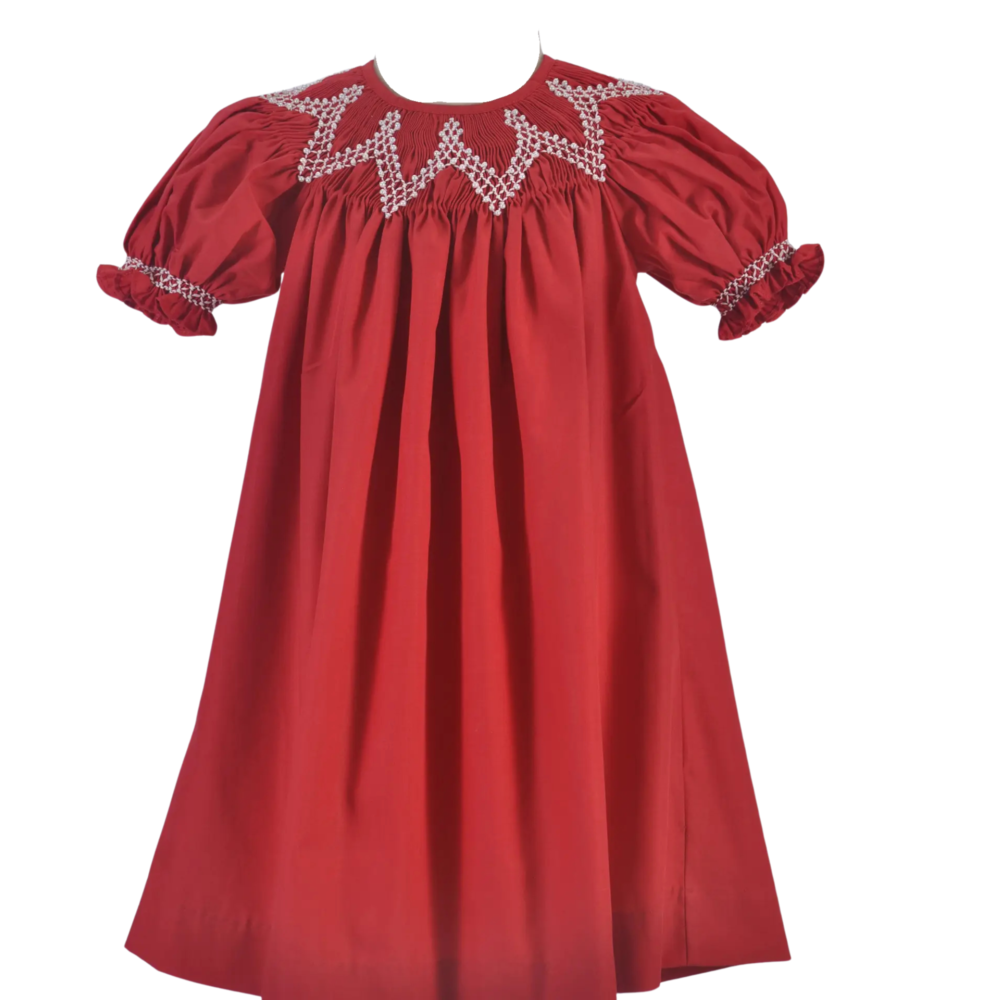 Red dress with smocked neckline on a white background