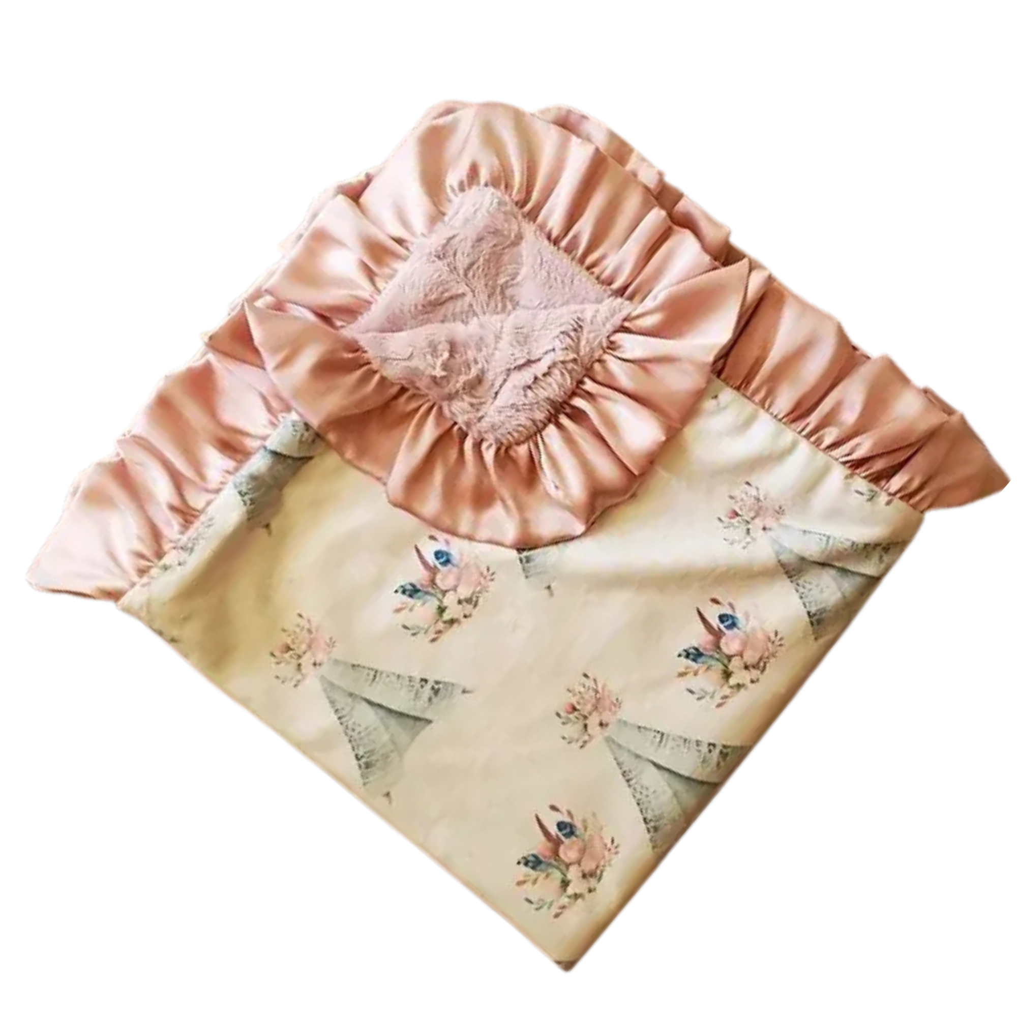 Pink satin bay blanket with Teepee floral designs on a white background