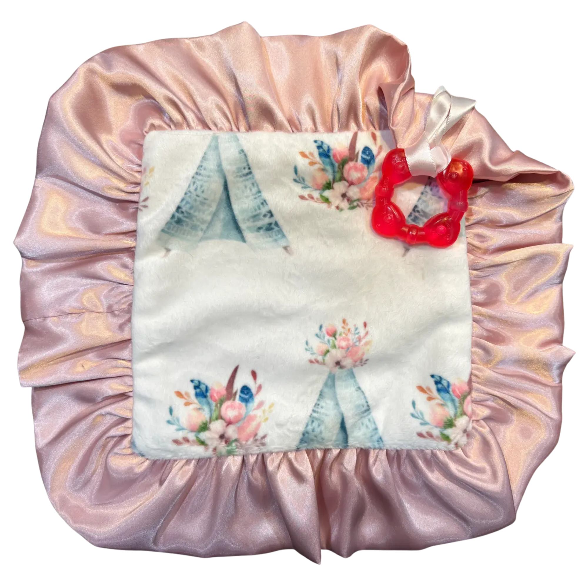Pink satin hair blanket with Teepee floral designs on a white background