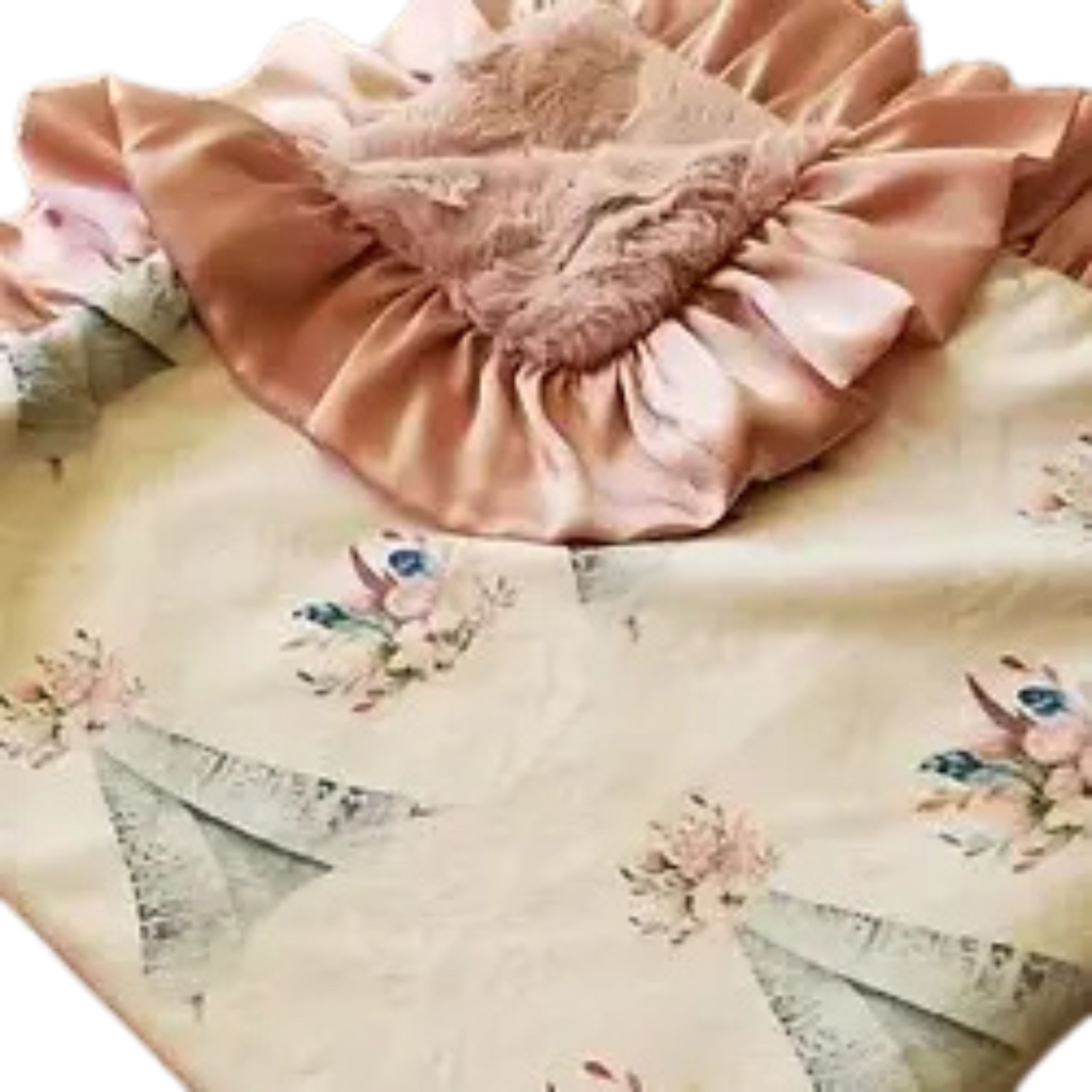 Pink satin hair blanket with Teepee floral designs on a white background