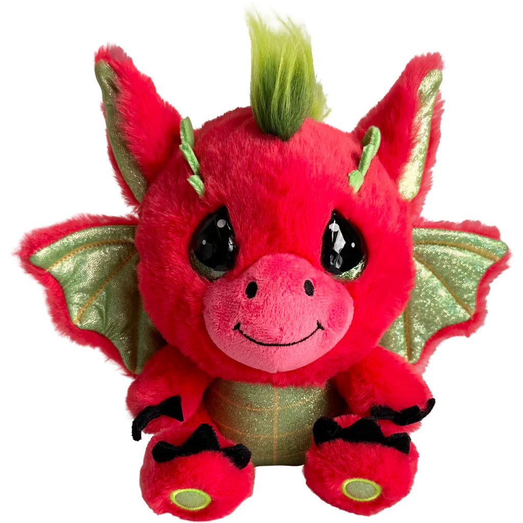 Red plush dragon toy with green accents on a white background