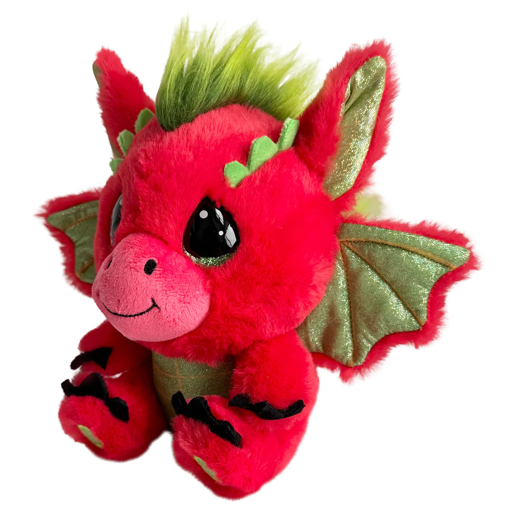Red plush dragon toy with green accents on a white background