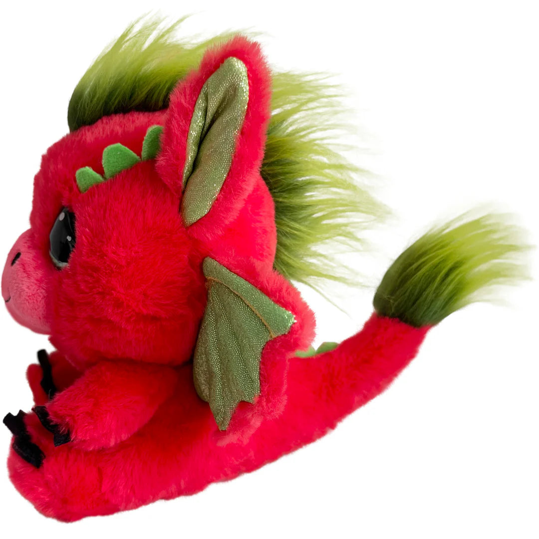 Red plush dragon toy with green accents on a white background