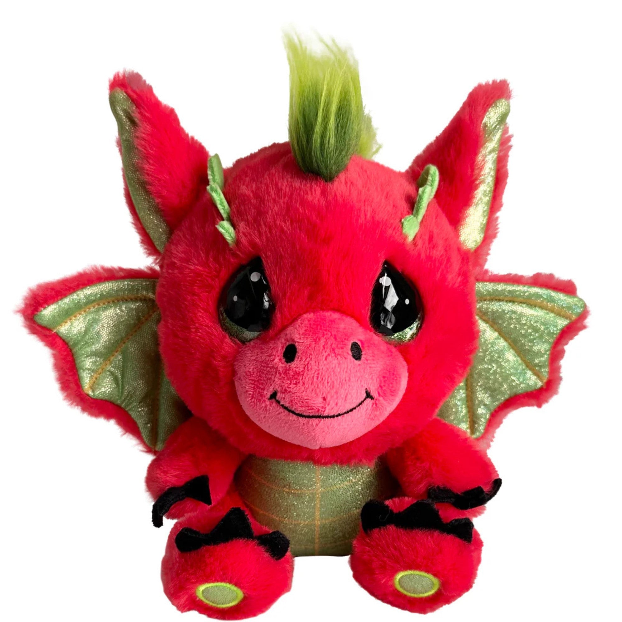 Red plush dragon toy with green accents on a white background