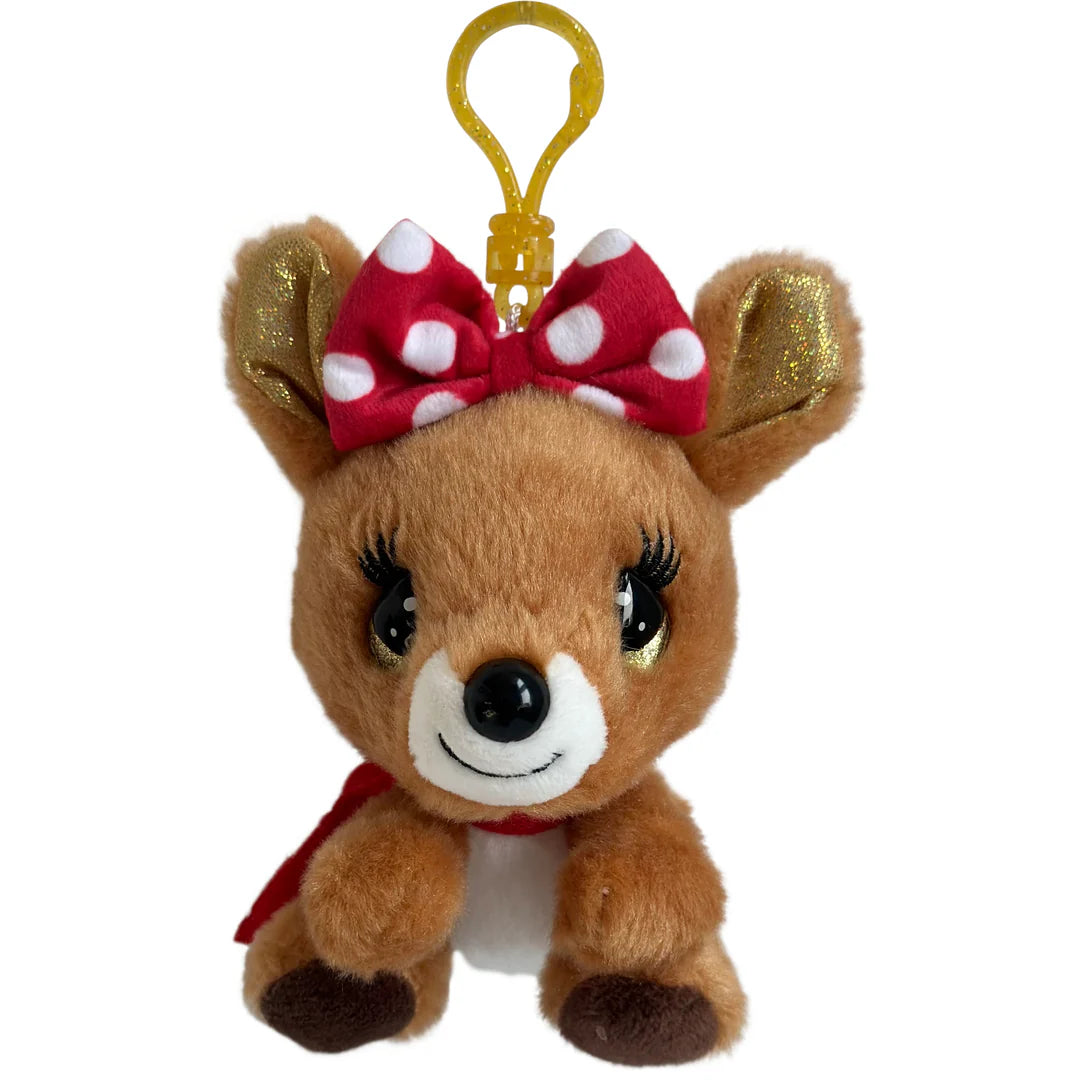 Plush deer toy with a red bow and gold accents on a white background