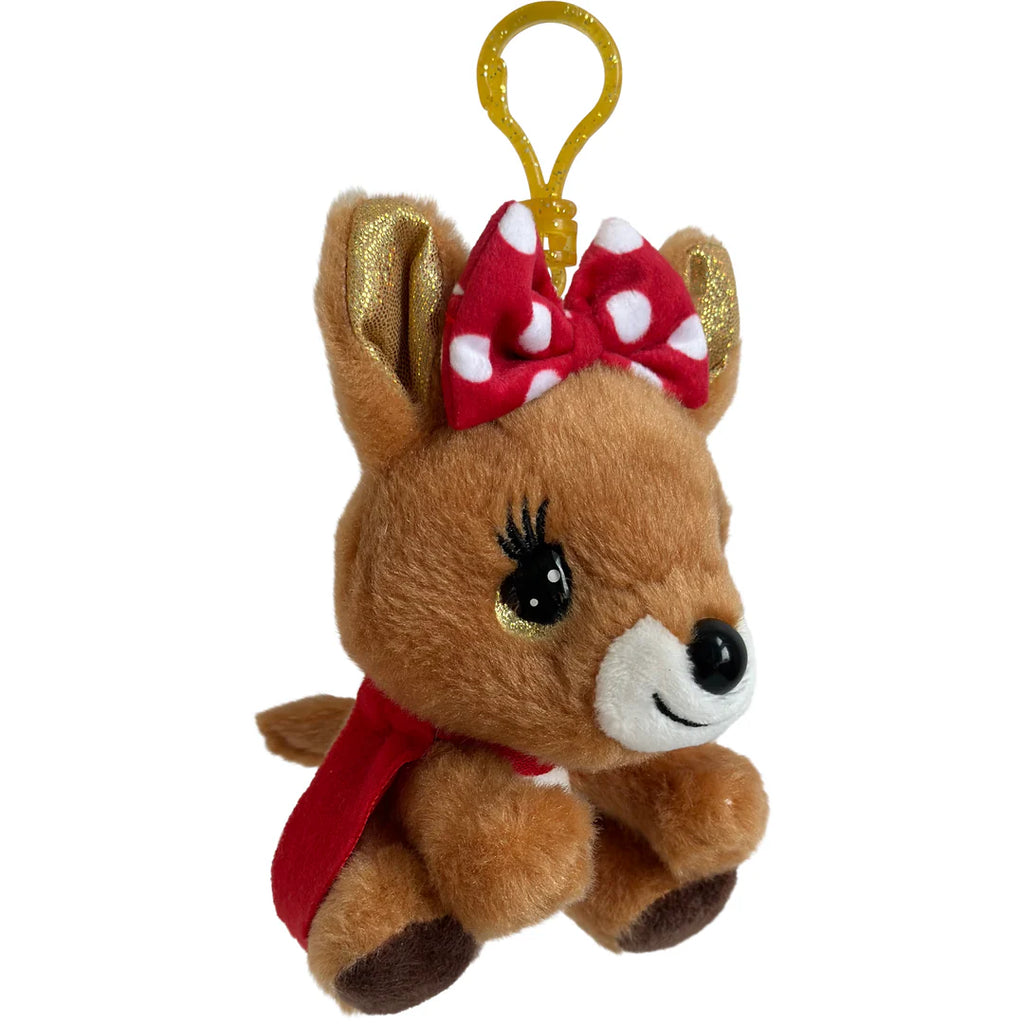Plush reindeer toy with a red bow and scarf on a white background