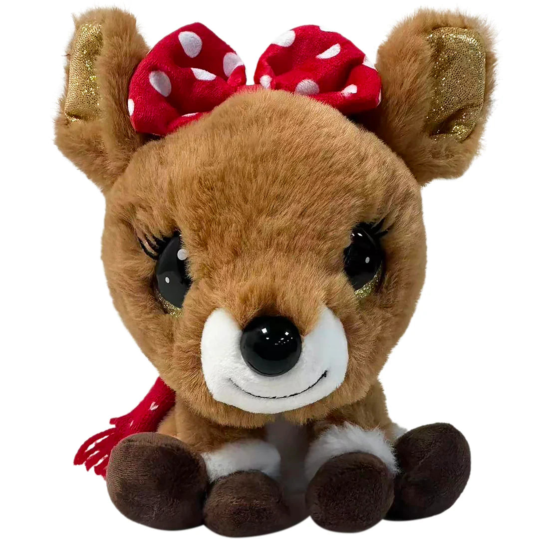 Plush deer toy with a red bow on a white background