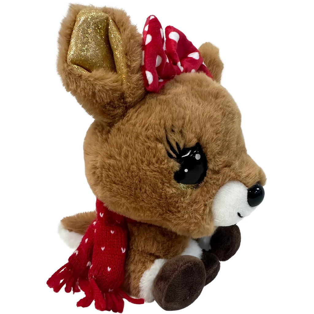 Plush deer toy with a gold bow and red scarf on a white background