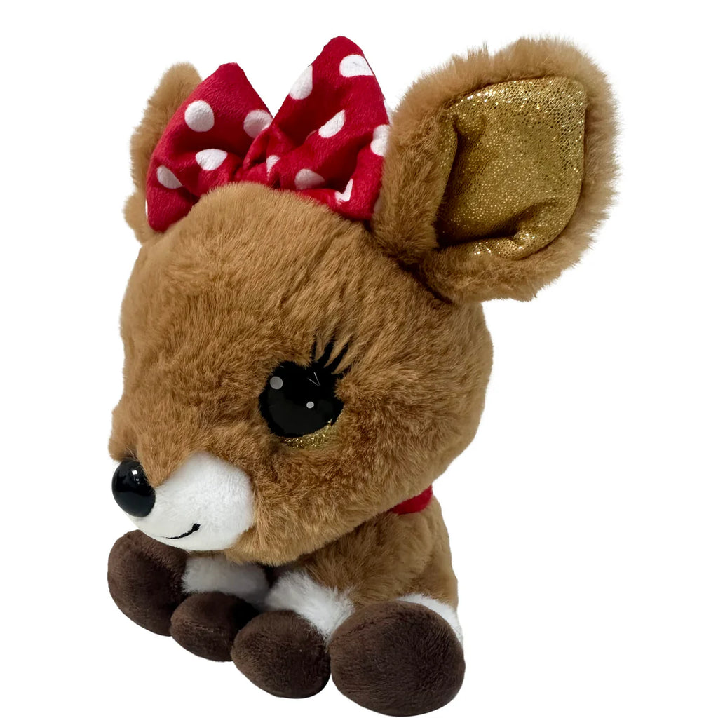 Plush deer toy with a red bow on a white background