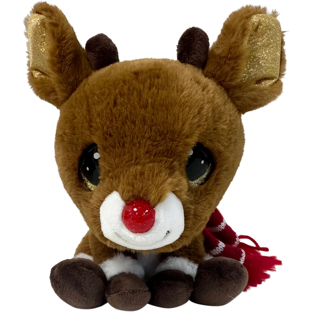 Plush reindeer toy with a red nose and scarf on a white background