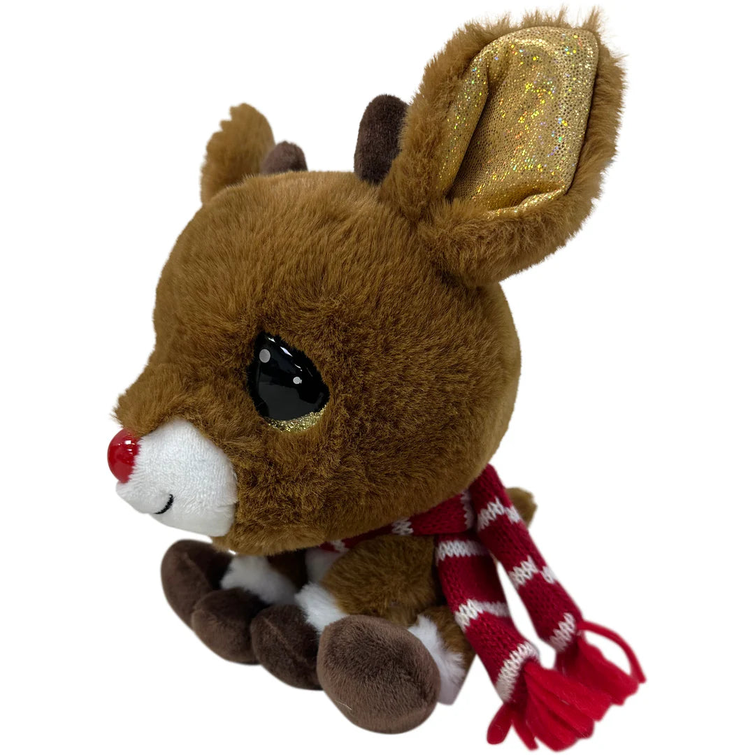 Plush reindeer toy with a red scarf on a white background