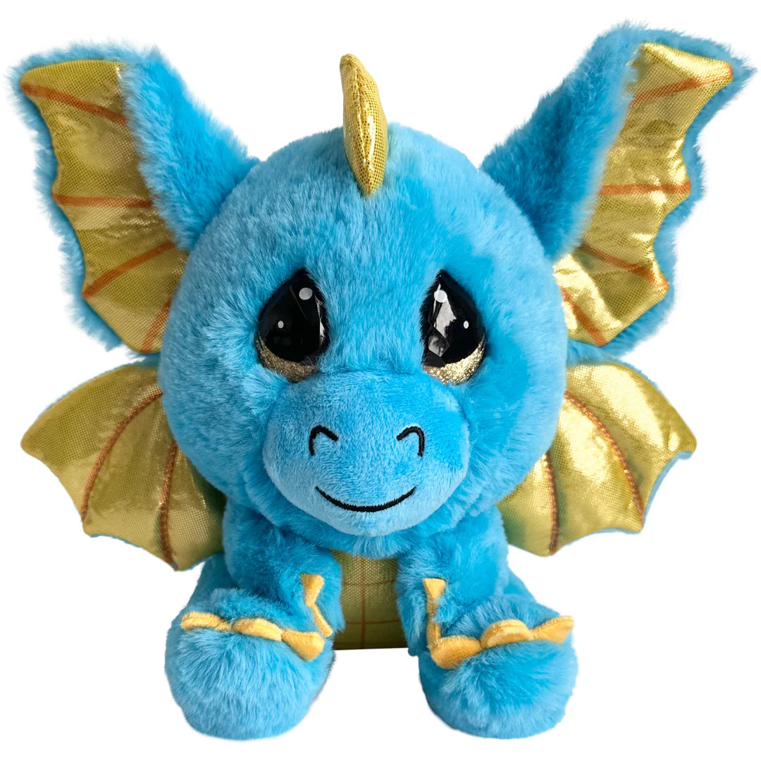 Blue plush dragon toy with gold wings on a white background