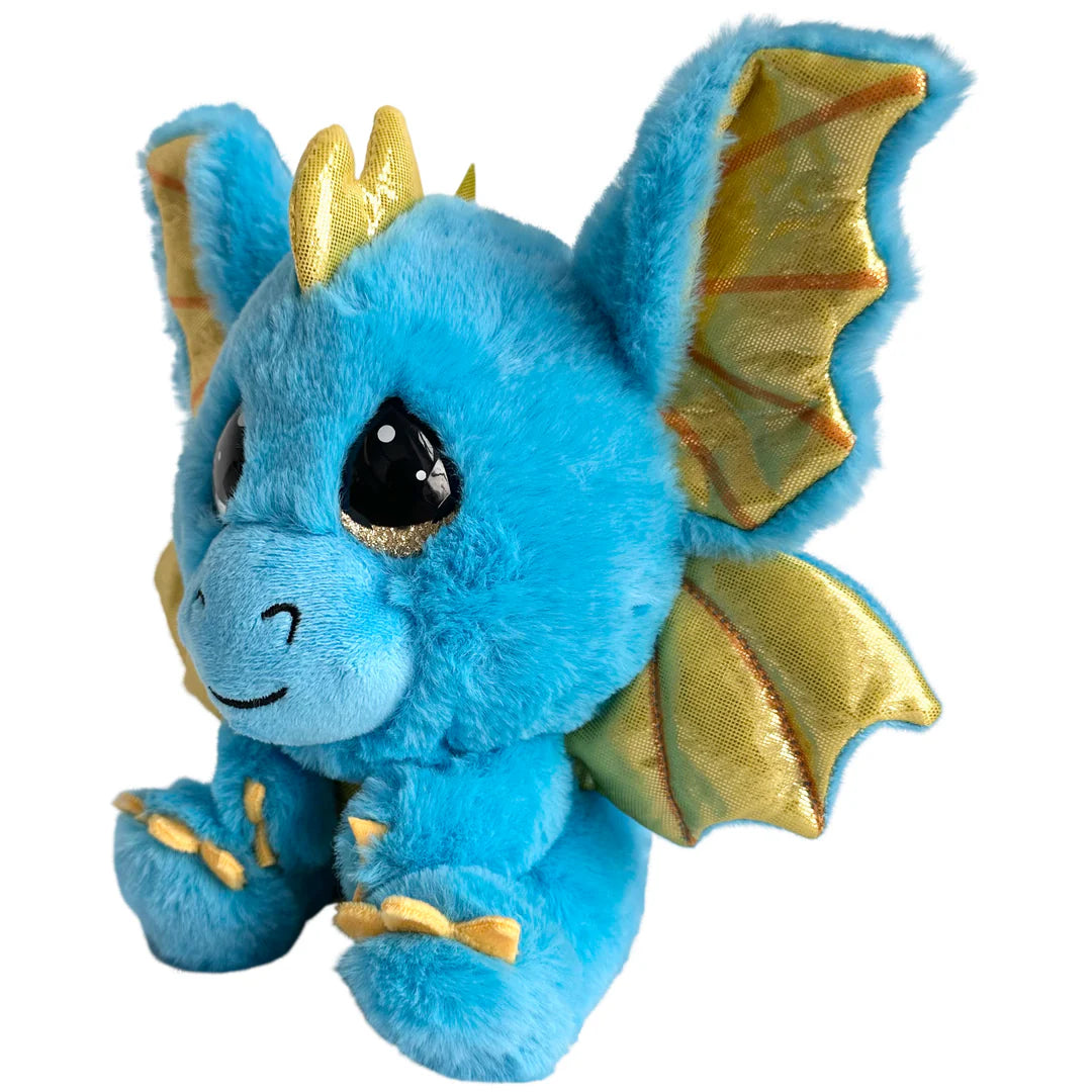 Blue plush dragon toy with gold accents on a white background