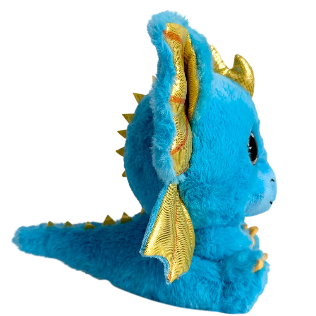 Blue plush dragon toy with gold accents on a white background