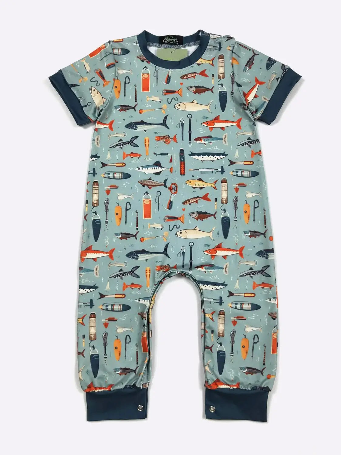 Children's onesie with fishing-themed pattern on a white background