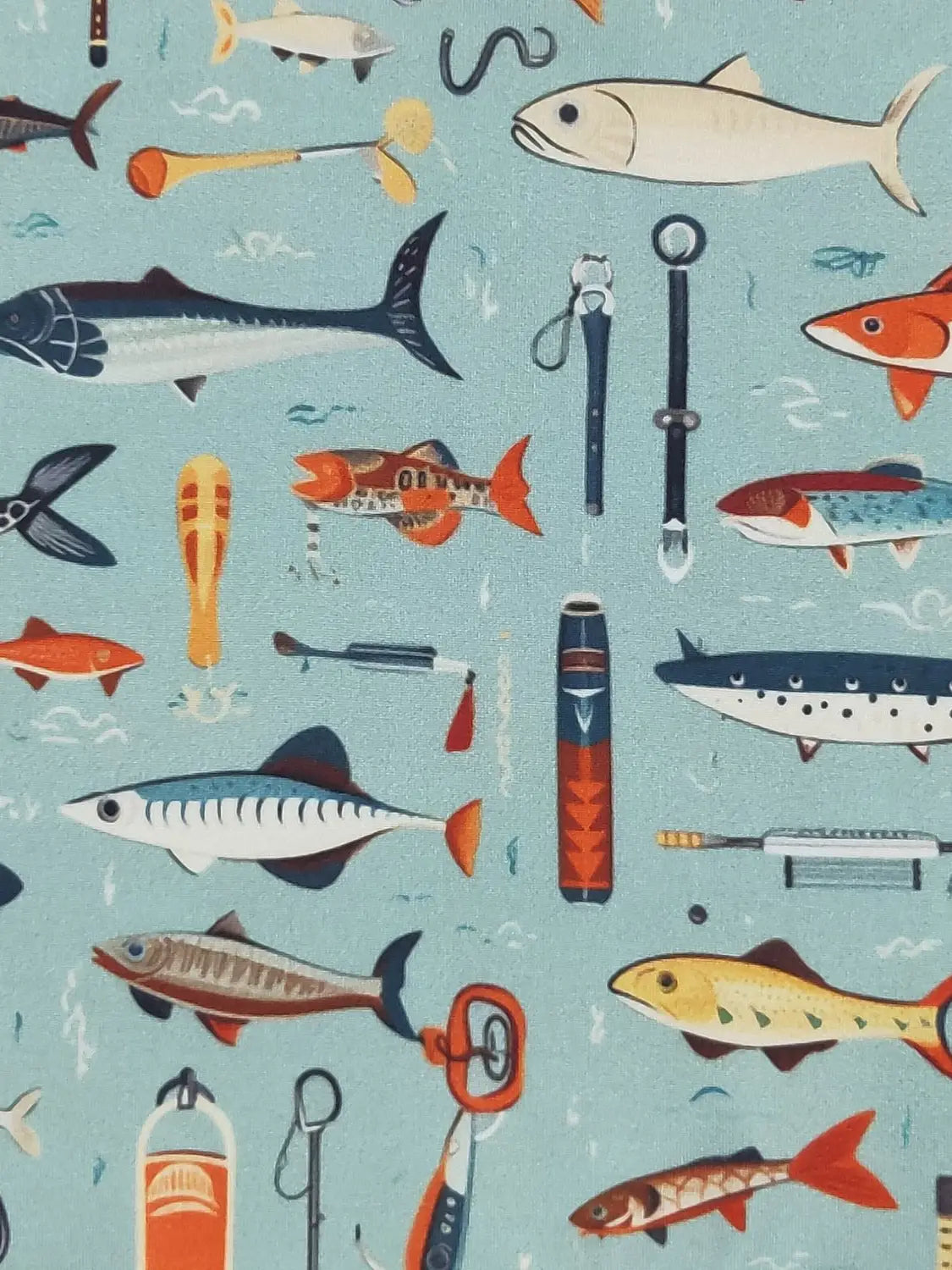 Pattern of fish and fishing-related items on a blue background