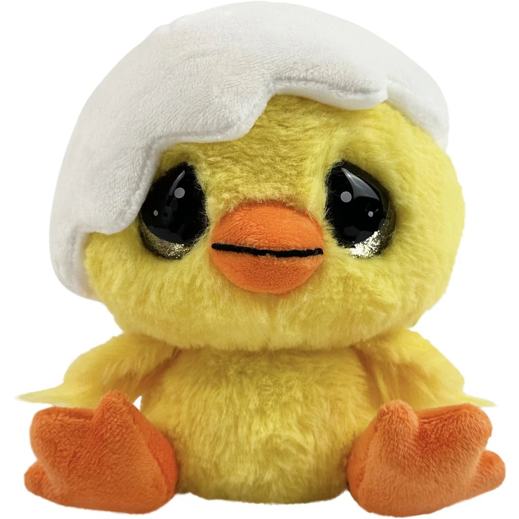 Plush toy chick with a white hat on a white background
