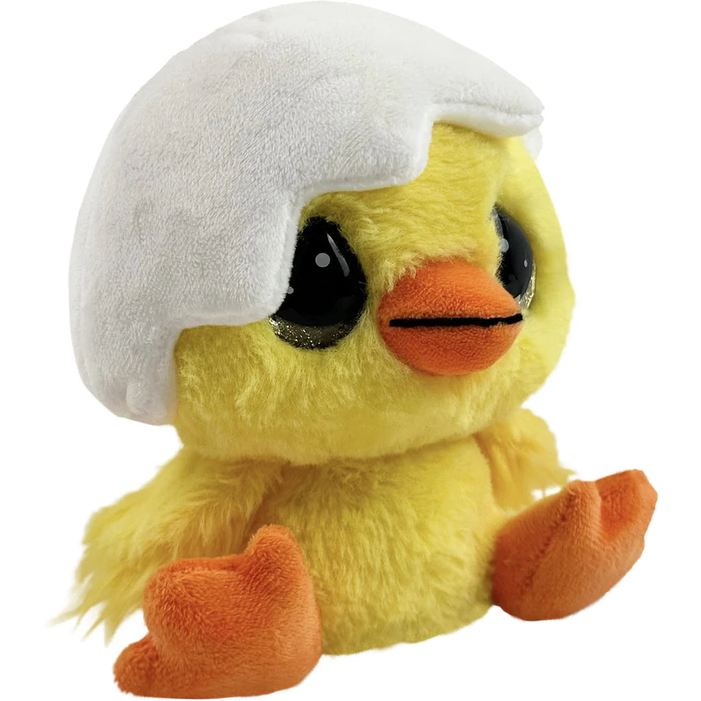 Plush toy resembling a chick with a white hat on a white background