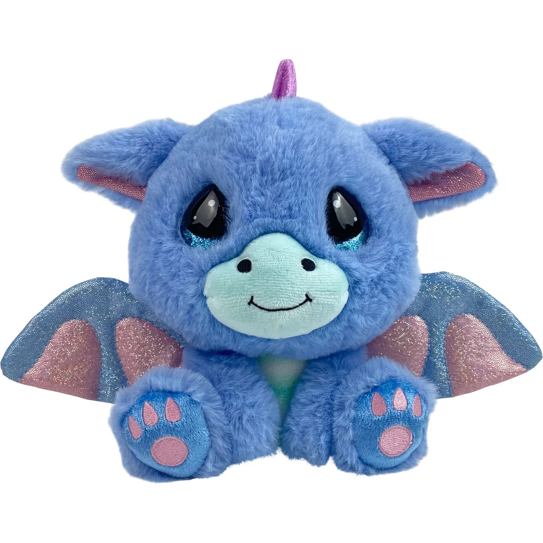 Blue plush dragon toy with pink accents on a white background
