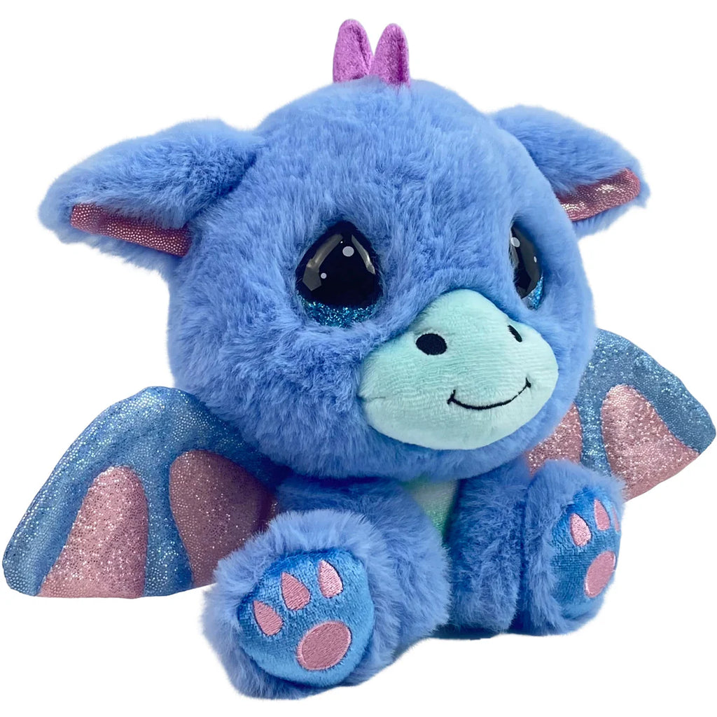 Blue plush dragon toy with pink accents on a white background