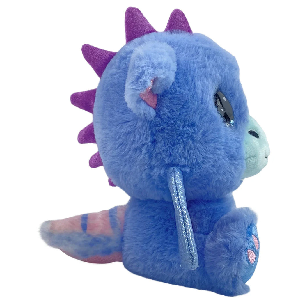 Blue plush dragon toy with purple spikes on a white background