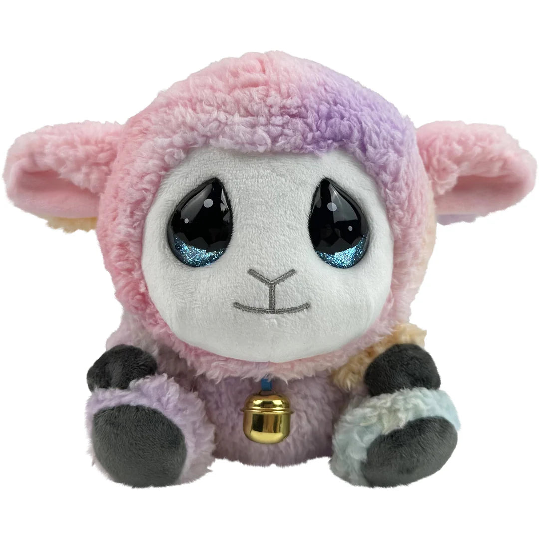 Plush toy lamb with a bell on a white background