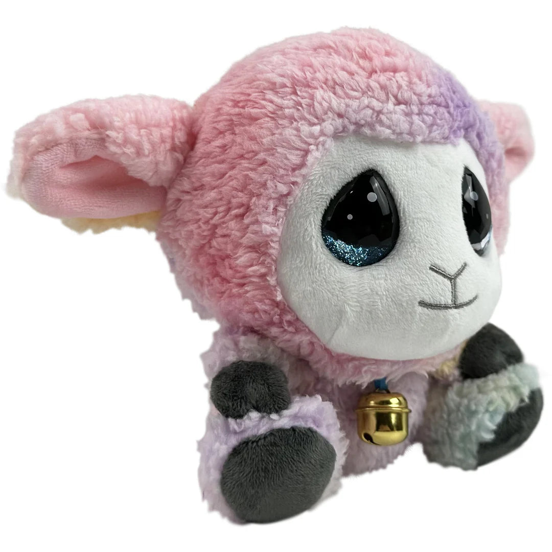 Plush toy lamb with pink and purple gradient on a white background