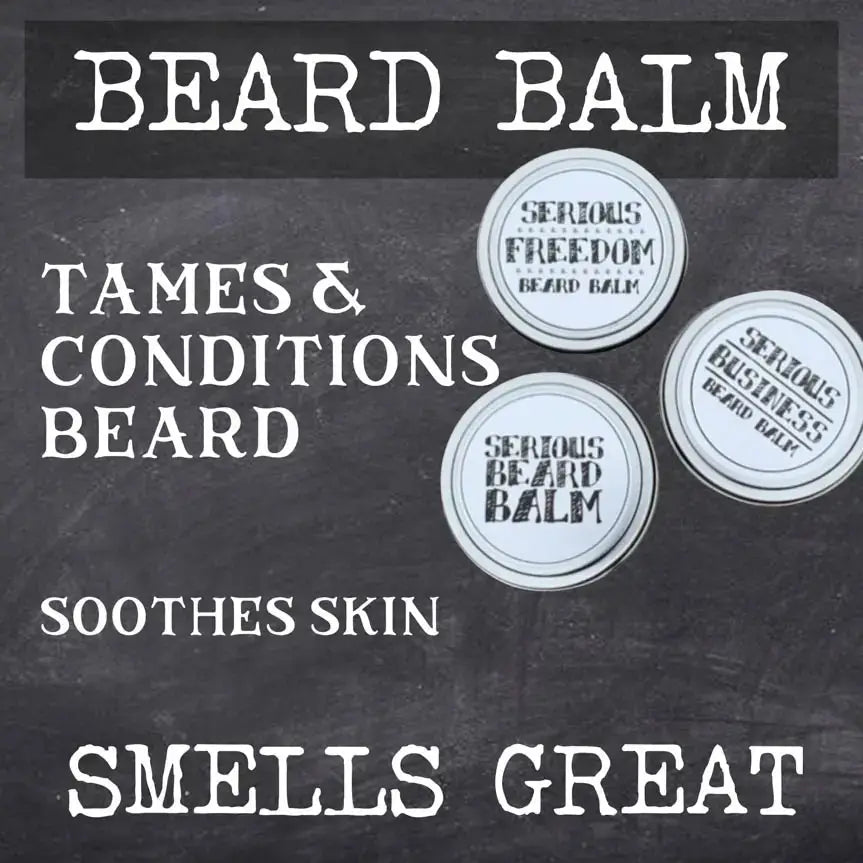 Advertisement for beard balm with product names and benefits on a black background