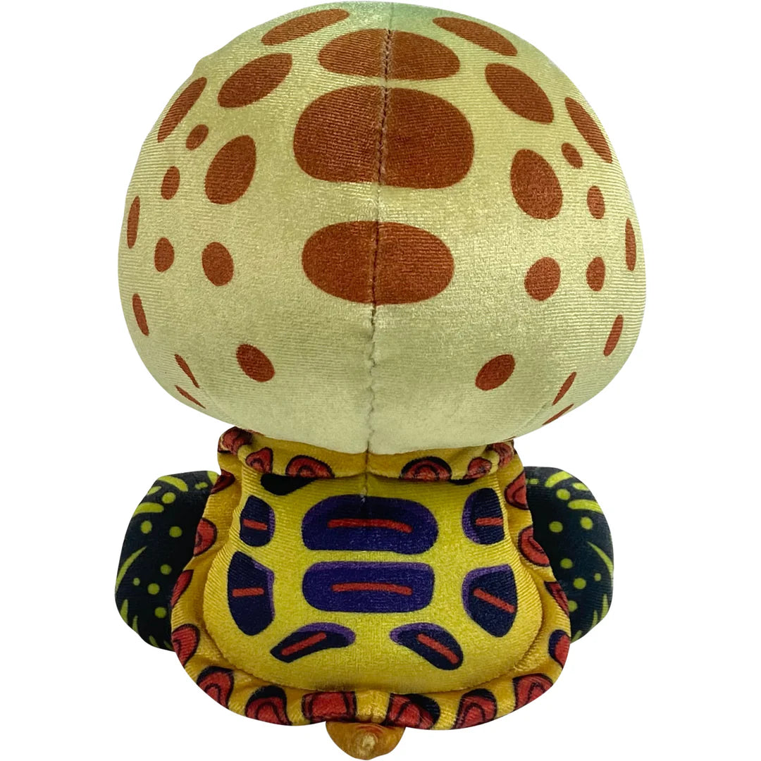 Colorful plush toy with a round body and patterned head on a white background