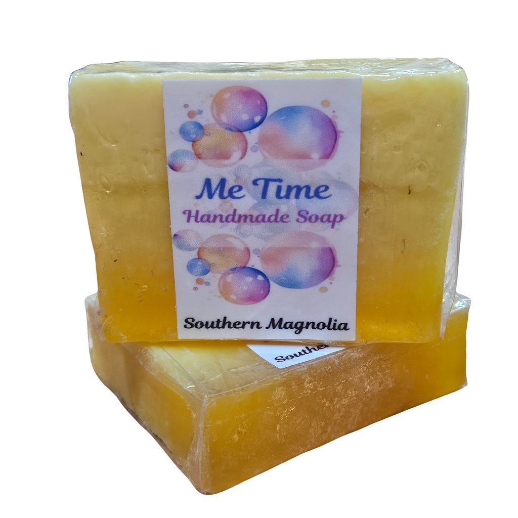 Handmade soap bar with a 'Me Time' label on a white background