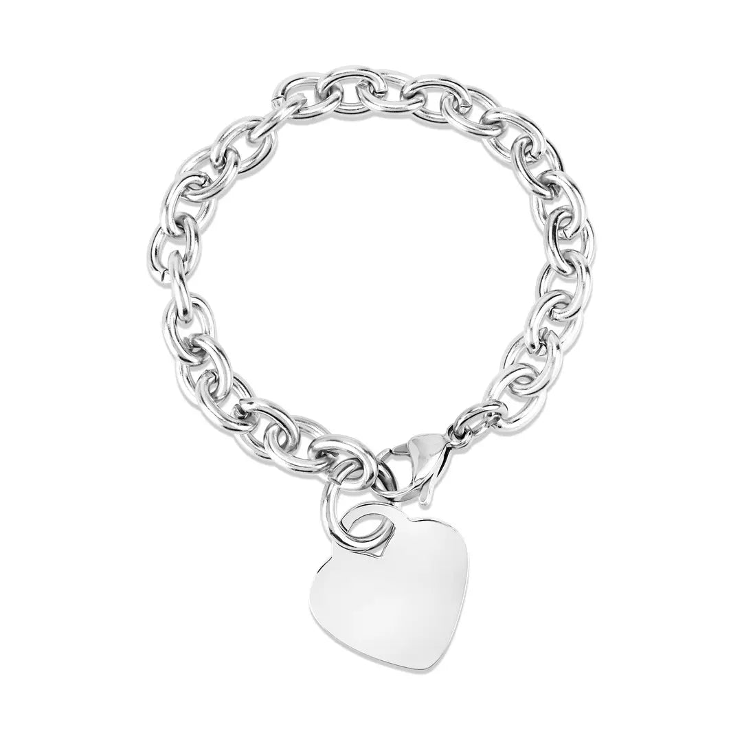 Silver chain bracelet with a heart-shaped tag on a white background