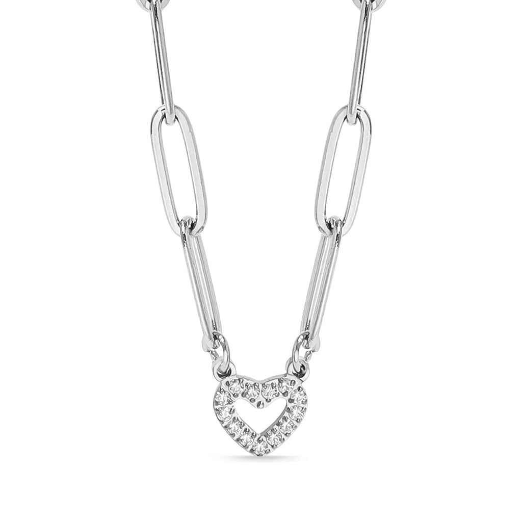Silver necklace with a heart-shaped pendant on a white background