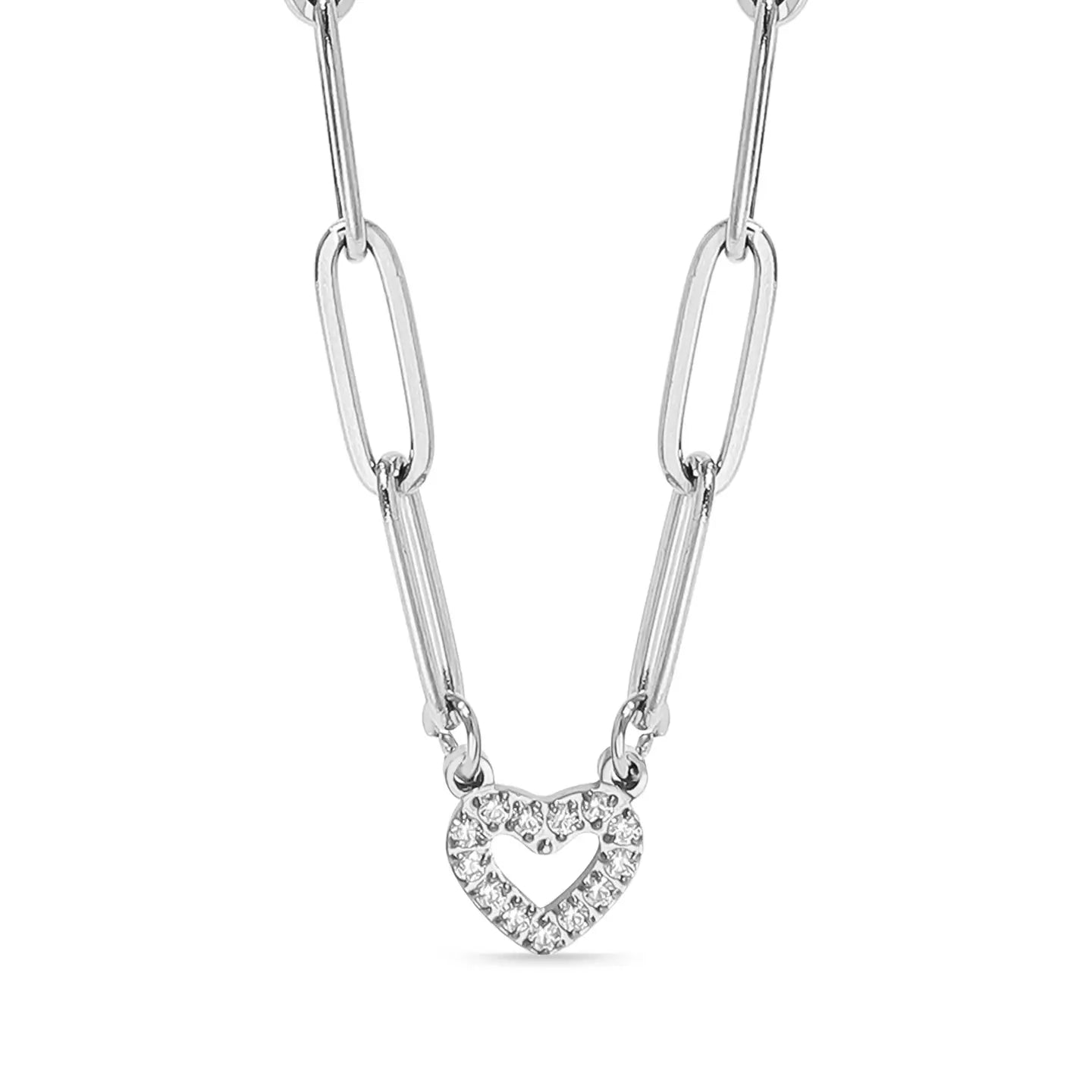 Silver necklace with a heart-shaped pendant on a white background