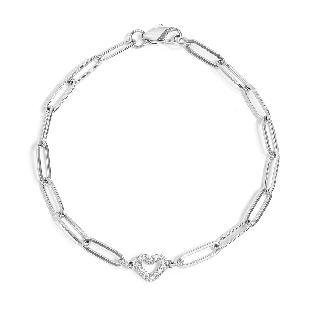 Silver bracelet with a heart-shaped clasp on a white background