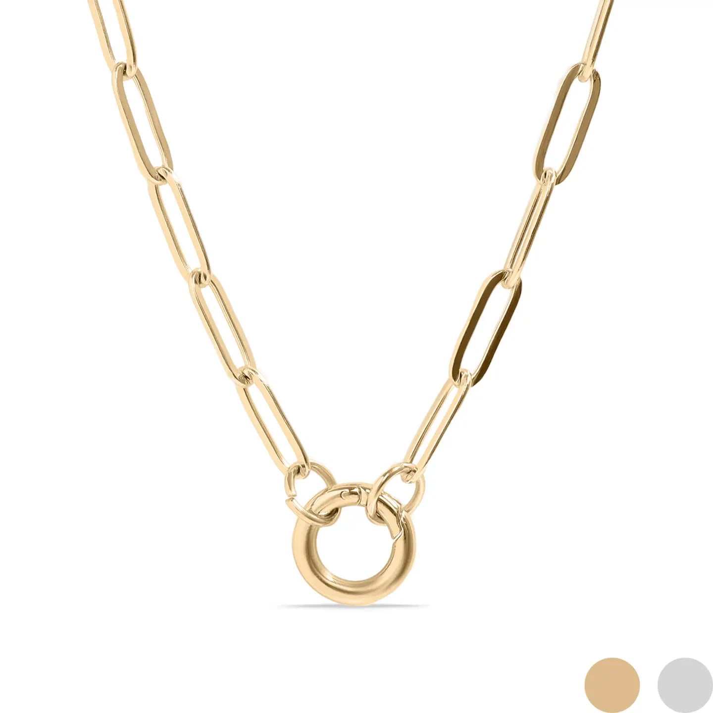 Gold chain necklace with a unique clasp on a white background