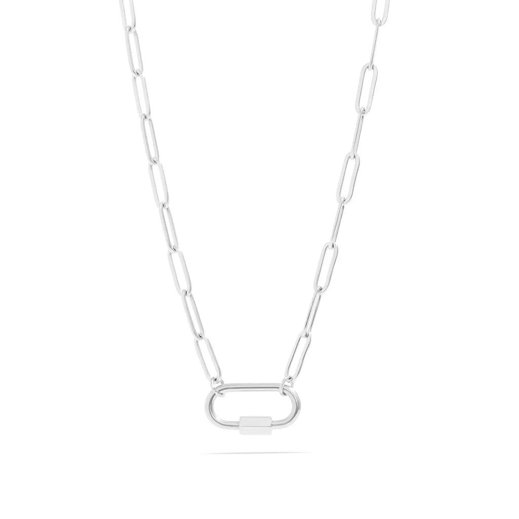 Silver chain necklace with a unique clasp on a white background
