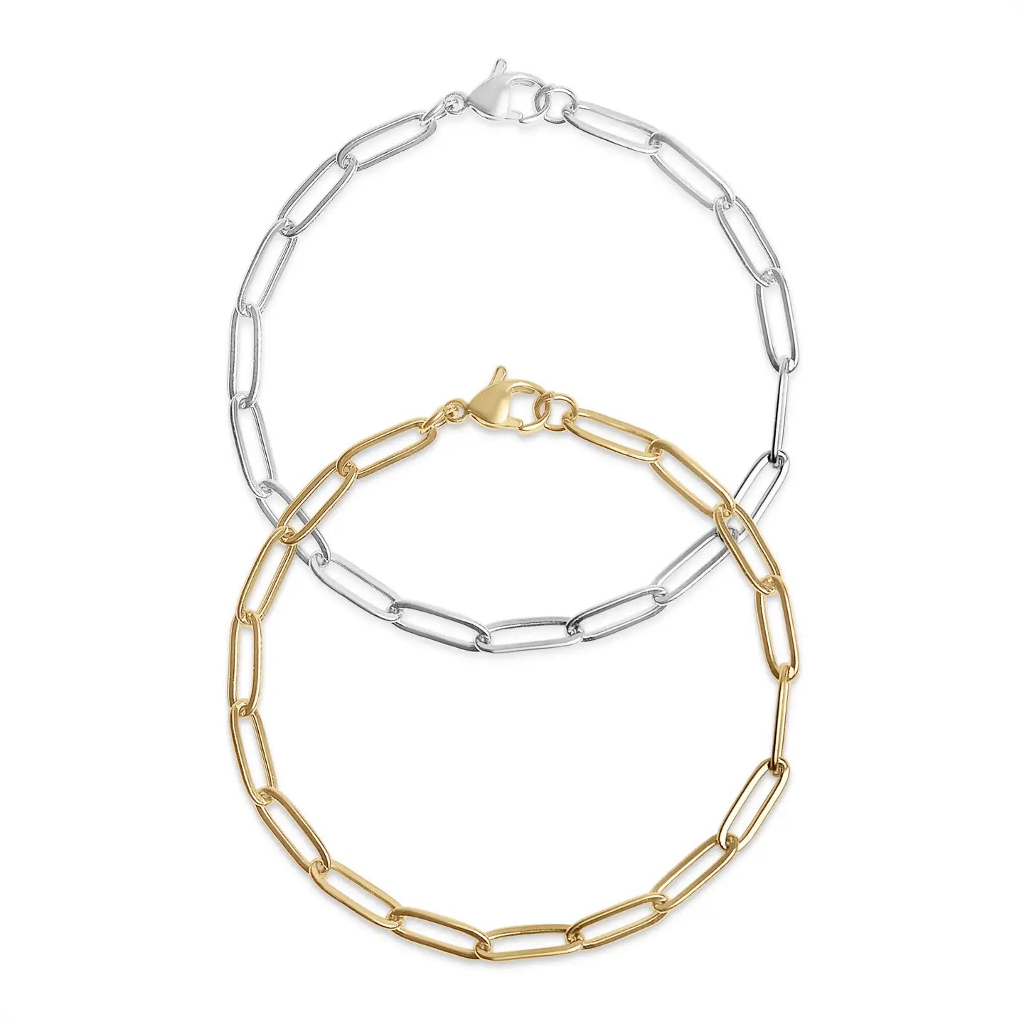 Two chain necklaces, one gold and one silver, on a white background.