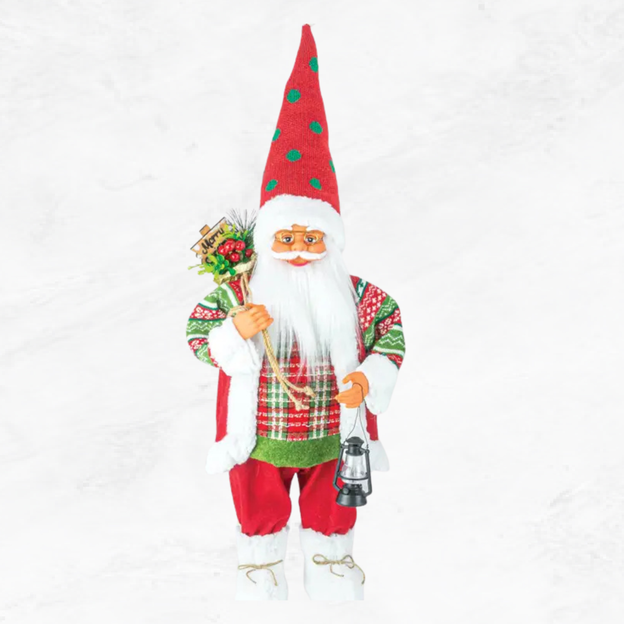 Decorative Christmas gnome with a red hat and plaid outfit on a white background